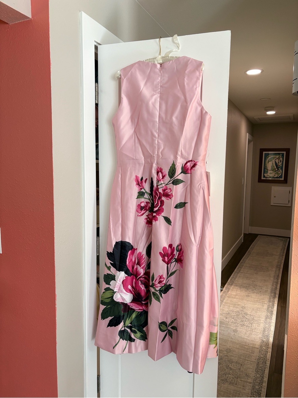 Sleeveless Pink Floral Midi Dress with A-Line Skirt - Picture 2 of 7